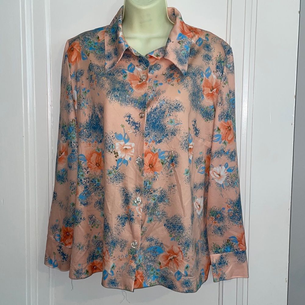 Vtg Mar-Lek 70s peach & blue floral polyester knit shirt